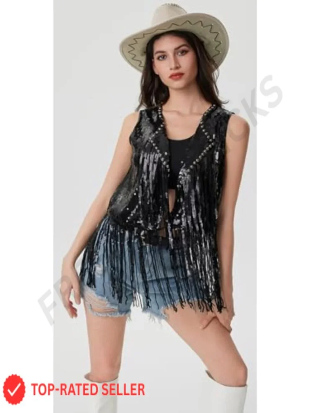 Sequin Fringe Vest Sleeveless Open Front Glitter Party Cowgirl Concert Jacket